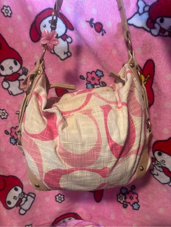 Coach Handbags - Coach Pink Signature Canvas Shoulder Bag with Tan Trim